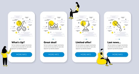 Set of Education icons, such as Investment, Scissors, Award cup icons. UI phone app screens with people. Chemistry pipette line symbols. Economic statistics, Cutting tool, Trophy. Laboratory. Vector