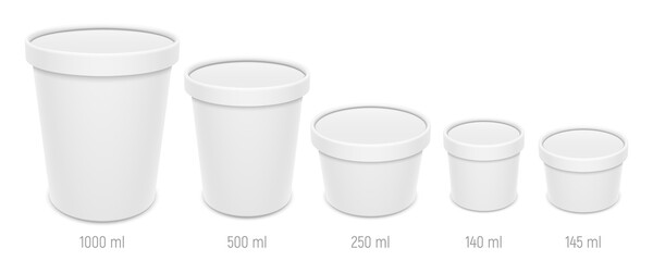 Set of vector realistic blank ice cream buckets and bowls with lids. Different sizes of paper food containers mockup.