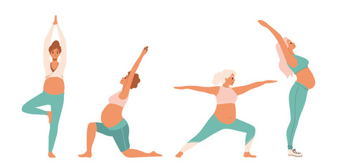 Pregnant women in sportswear doing stretching physical exercises set. Diverse women with belly practicing prenatal yoga exercise class. Pose, asana collection, stretching different poses, working out