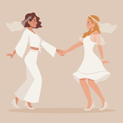 Fototapeta premium Lesbian homosexual couple wedding. Two happy women in veil, beautiful white dress. Brides holding hands on ceremony. LGBTQ same sex family, marriage. Pride, equal rights. Flat vector illustration