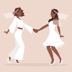 Lesbian homosexual couple wedding. Two happy women in veil, beautiful white dress. African american brides holding hands on ceremony. LGBTQ same sex family, marriage. Pride, equal rights.