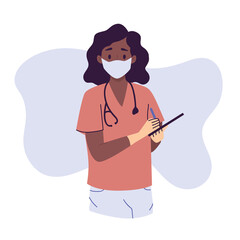 Medical consultation and support set, telemedicine. Female doctor with stethoscope in face mask. Healthcare services, Ask a doctor. Nurse, surgeon, therapist uniform. Medical hospital staff.