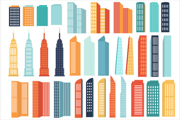 Modern skyscrapers, houses, buildings on a white background. Trendy colors.
