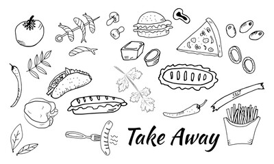 Hand drawn set with fast food. Vector illustration in the style of a sketch. Fast food restaurant and fast food menu.