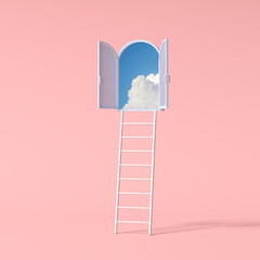 Minimal conceptual scene of blue sky in an arch window and ladder on pink background. 3D rendering.