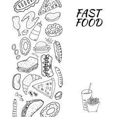 Hand drawn set with fast food. Vector illustration in the style of a sketch. Fast food restaurant and fast food menu.