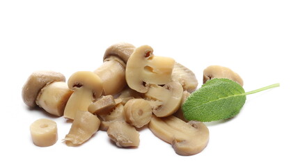 Champignon mushrooms with decorative mealy sage leaf isolated on white background