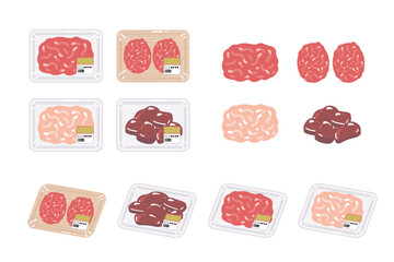 スーパーの精肉コーナーにあるパックのお肉　ミンチ肉とレバー
