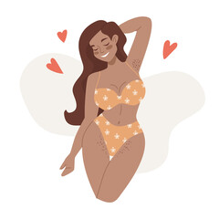Happy african american curvy female figure. Body positive feminism concept. Lingerie and swimsuit. Beach body, summer vibes. Female beauty and self love poster. Love your body print card