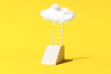 Minimal conceptual scene of floating white cloud with ladder and stair on yellow background. 3D rendering. © nuchao