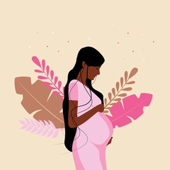Beautiful pregnant african american woman in pink dress.  Pregnancy  with plants. Motherhood. New born. Young dark skinned mother. Modern flat style vector illustration isolated. 