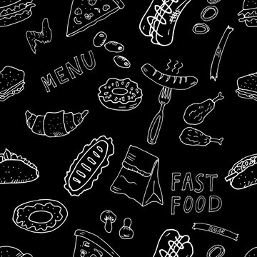 Seamless pattern with fast food for menu design. Vector illustration in the style of a sketch. Fast food restaurant and fast food menu.