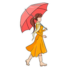 Young girl with an umbrella for a walk. Autumn, rain. Cartoon style.