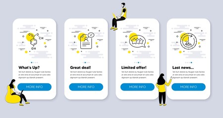 Vector Set of Technology icons related to Chemical formula, Stars and Resume document icons. UI phone app screens with people. 48 hours line symbols. Chemistry, Customer feedback, Application. Vector