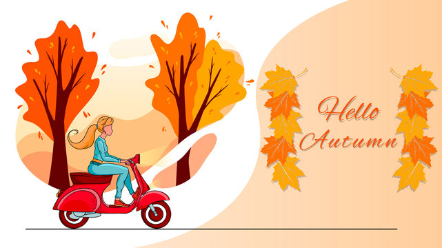 Hello autumn banner. Autumn park trees and a blonde girl on a red scooter.