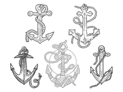 Anchor and rope set line art sketch engraving vector illustration. T-shirt apparel print design. Scratch board imitation. Black and white hand drawn image.