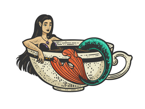 Mermaid taking a bath in cup of coffee color line art sketch engraving vector illustration. T-shirt apparel print design. Scratch board imitation. Black and white hand drawn image.