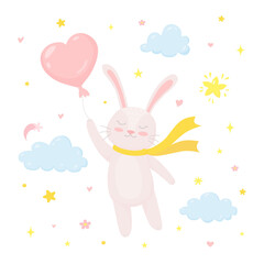 Obraz na płótnie Canvas Cute rabbit flying with balloon in the shape of a heart to the sky. Childish character in cartoon style. Can be used for nursery poster, kids party invitation, birthday greeting card, baby shower. Vec