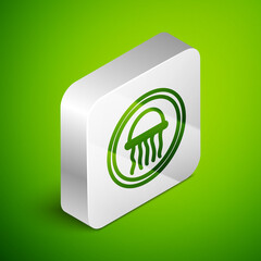 Isometric line Jellyfish on a plate icon isolated on green background. Silver square button. Vector.