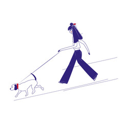 a beautiful young girl in sunglasses walks with a beagle dog. Cartoon cute vector flat illustration. Blue monochrome line art illustration