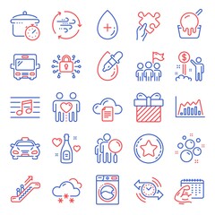 Business icons set. Included icon as Washing machine, Boiling pan, Oil serum signs. File storage, Love champagne, Search people symbols. Income money, Fitness calendar, Escalator. Bus. Vector