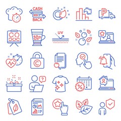 Line icons set. Included icon as Work home, Rate button, Search file signs. Security, Truck parking, Bio tags symbols. Frappe, Alarm clock, Online rating. Present box, Vision board. Vector