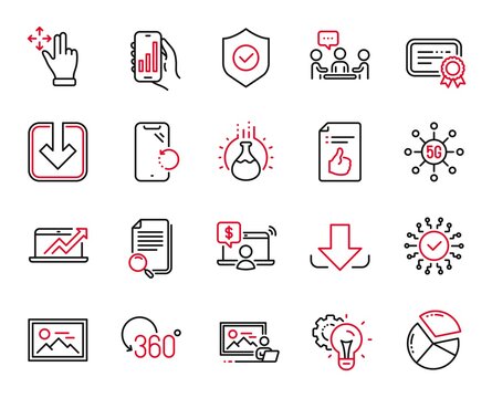 Vector Set of Technology icons related to 5g technology, Pie chart and Search file icons. Security network, Download and Move gesture signs. Analysis app, Approved document and Idea gear. Vector