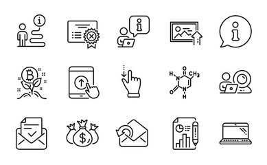 Technology icons set. Included icon as Laptop, Check investment, Bitcoin project signs. Send mail, Video conference, Touchscreen gesture symbols. Reject certificate, Swipe up, Upload photo. Vector