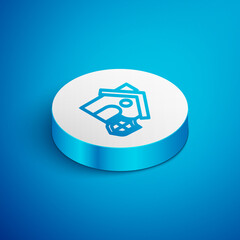 Isometric line House with shield icon isolated on blue background. Insurance concept. Security, safety, protection, protect concept. White circle button. Vector.