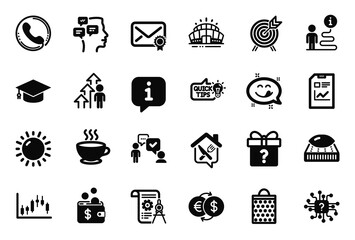 Vector Set of Business icons related to Education idea, Consulting business and Divider document icons. Coffee cup, Messages and Graduation cap signs. Candlestick graph, Secret gift. Vector
