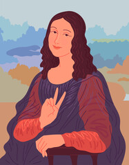 Portrait of woman showing v sign. Illustration based on Leonardo da Vinci Mona Lisa