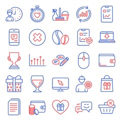 Line icons set. Included icon as Delete purchase, Award cup, Gift box signs. Coffee beans, Household service, Update data symbols. Holidays shopping, Money wallet, Keywords. Close button. Vector