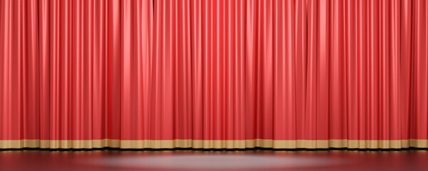 3D rendering background. Wide Red glossy curtain with gold stripe background wall. Image for presentation.