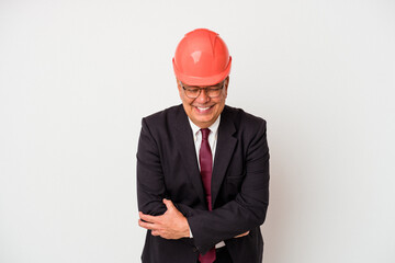 Senior american arquitech man isolated on white background laughing and having fun.