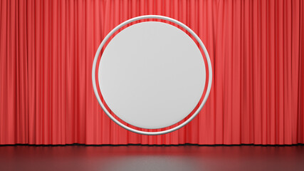 3D rendering background. White circle display products with a red glossy background wall. Image for presentation.