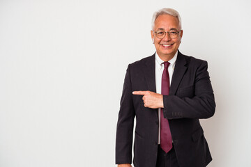 smiling and pointing aside, showing something at blank space.