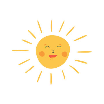 Hand drawn vector sun with happy face. Summer and vacation concept.