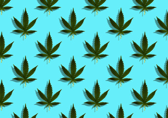 A cannabis leaf on a light blue background. Seamless pattern with the marijuana logo.