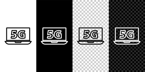 Set line Laptop with 5G new wireless internet wifi icon isolated on black and white background. Global network high speed connection data rate technology. Vector