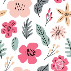 Fototapeta na wymiar Floral hand drawn summerseamless pattern. Pastel abstract flowers and leaves pattern. Spring print for posters and greeting cards