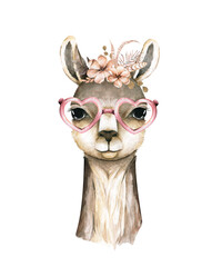 Lama head isolated. guanaco face in watercolor style. Wild nature animal with flowers and leaves on head, glasses. ELement for your advertisement, poster, print, banner or web design.