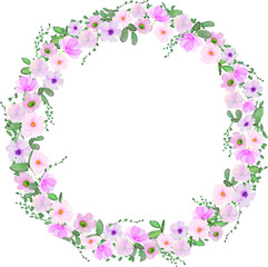 Obraz na płótnie Canvas Pink flower with green leaves wreath - watercolor hand draw vector background