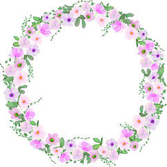 Pink flower with green leaves wreath - watercolor hand draw vector background
