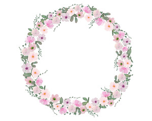Pink flower with green leaves wreath - watercolor hand draw background