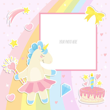 Baby photo frame with cute unicorn, cake, crystal, rainbow and other elements