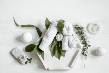 Spa still life with body care products and natural leaves.