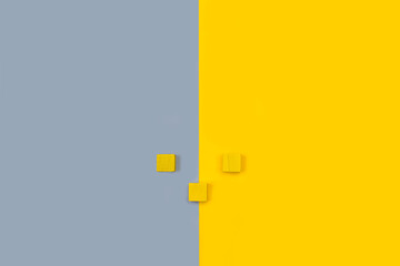 Cubos de madera amarillos sobre un fondo amarillo y gris. Vista superior. Copy space