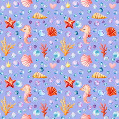 Fototapeta na wymiar Seamless pattern, sea background with seahorse, bubbles, seashells, corrals and starfish, watercolor drawing