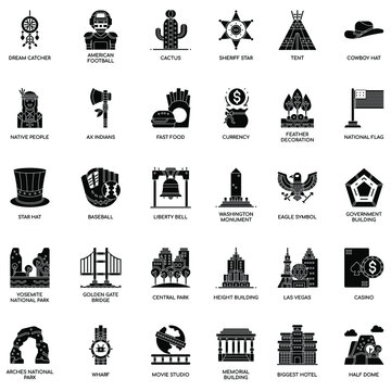America Symbols elements black and white Thin Line and Pixel Perfect Icons