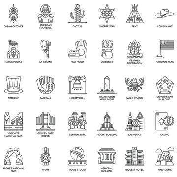 America Symbols elements outline Thin Line and Pixel Perfect Icons